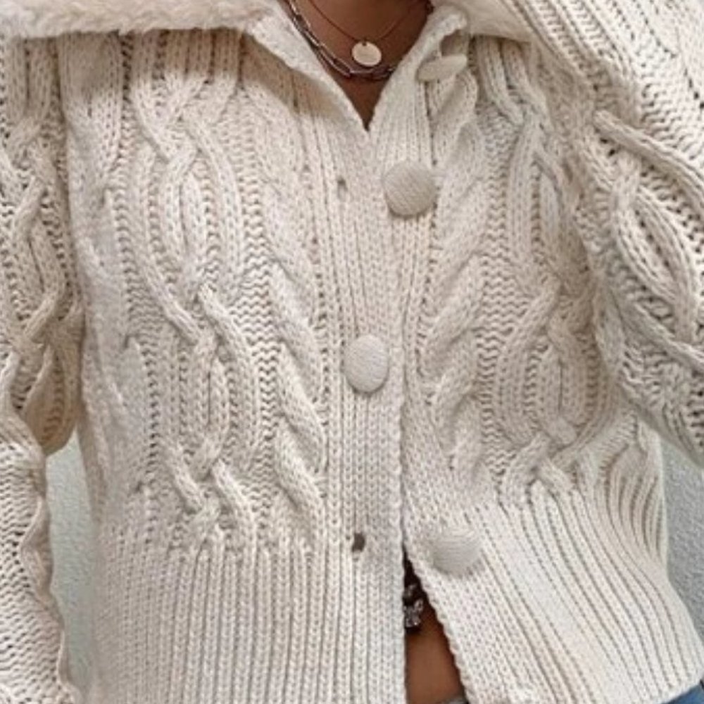 BEIGE TEDDY COLLAR BUTTON DOWN CABLE KNIT CARDIGAN - Picture 4 of 5